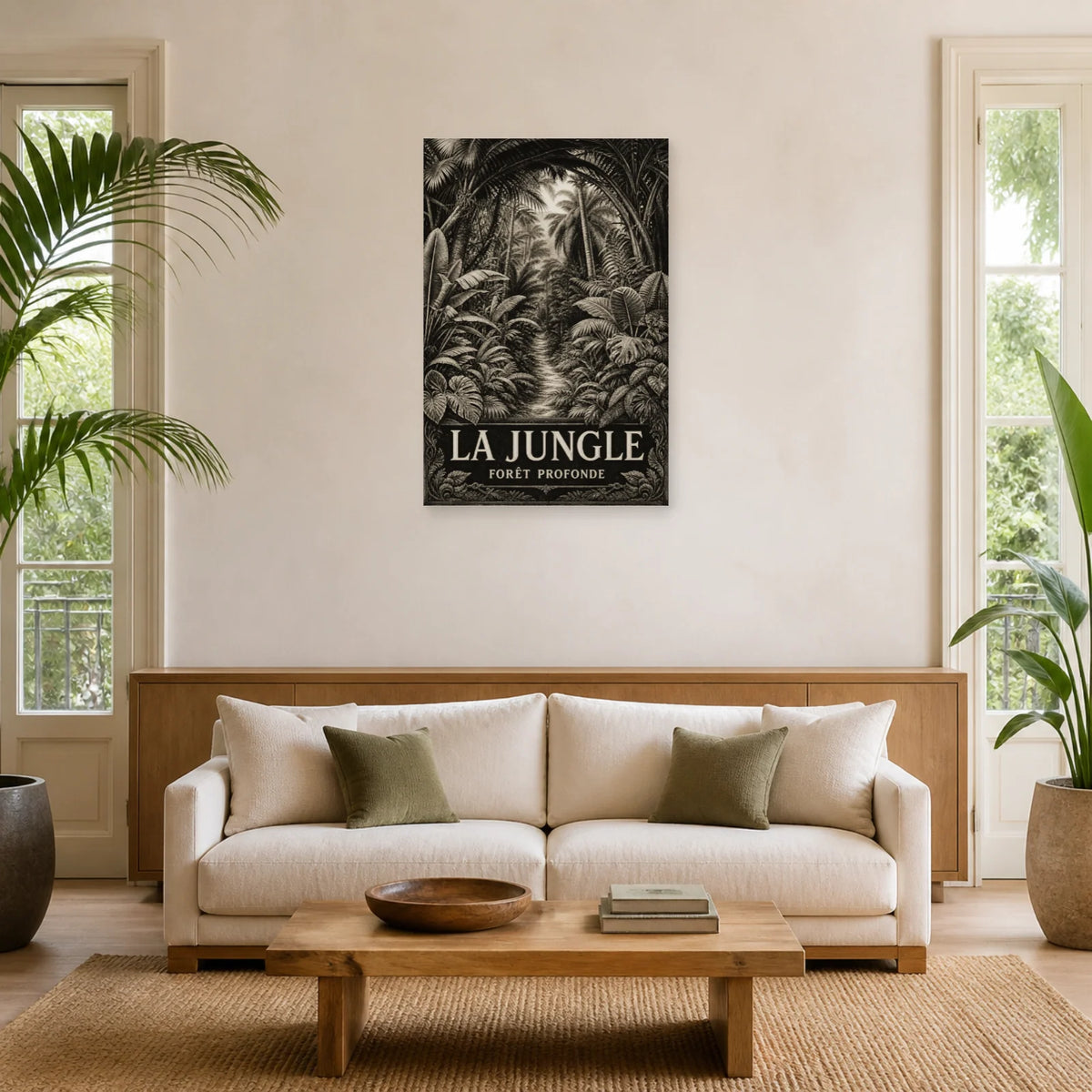 Affiche Jungle – Gravure noir et blanc dans un salon - Art Virtuoso