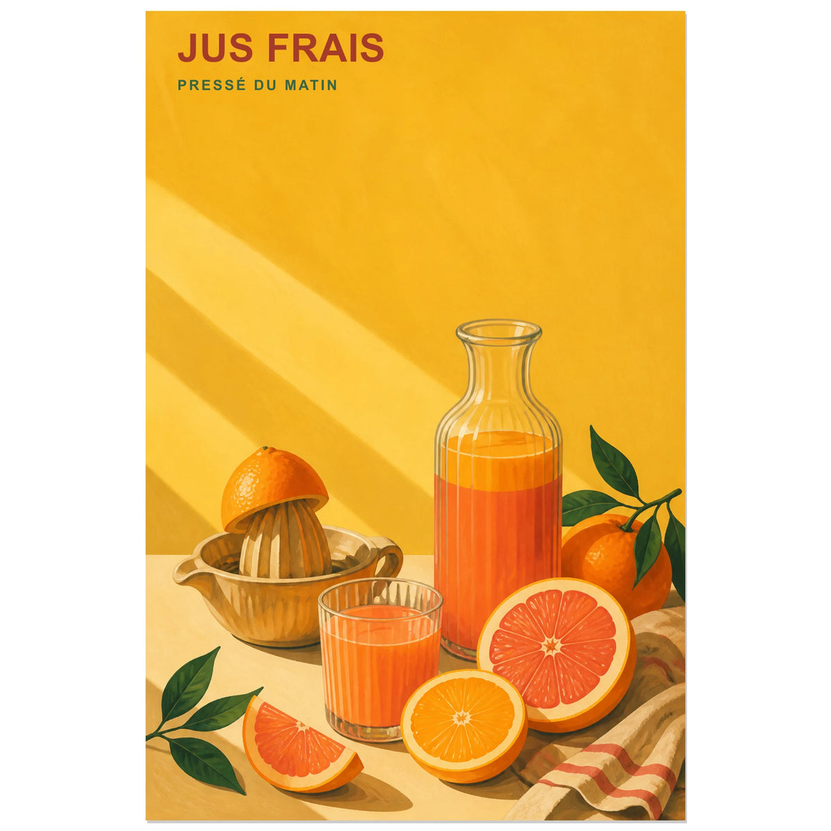 Affiche Jus Frais – Pressé du Matin, illustration de petit déjeuner rétro, lumineuse et graphique verticale, format 40 × 60 cm
