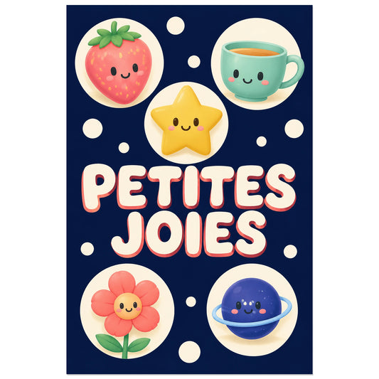 Fraise, tasse et étoile souriantes au-dessus du texte PETITES JOIES, affiche 30 × 45 cm