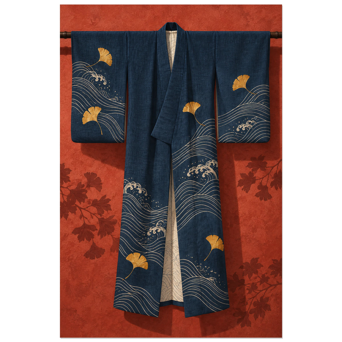 Affiche Kimono - Indigo suspendu, illustration textile réaliste / nature morte décorative verticale, format 30 × 45 cm