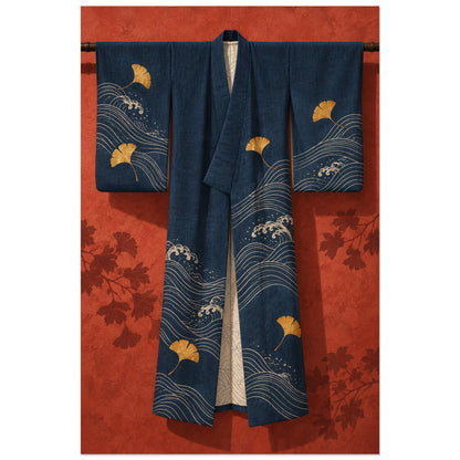 Affiche Kimono - Indigo suspendu, illustration textile réaliste / nature morte décorative verticale, format 60 × 90 cm
