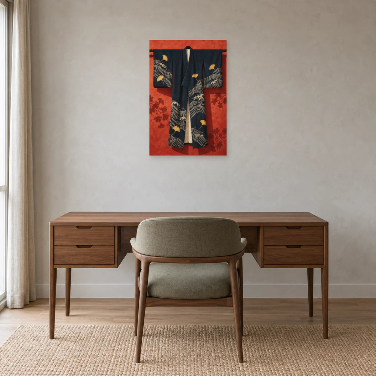 Affiche Kimono - Indigo suspendu dans un bureau - Art Virtuoso