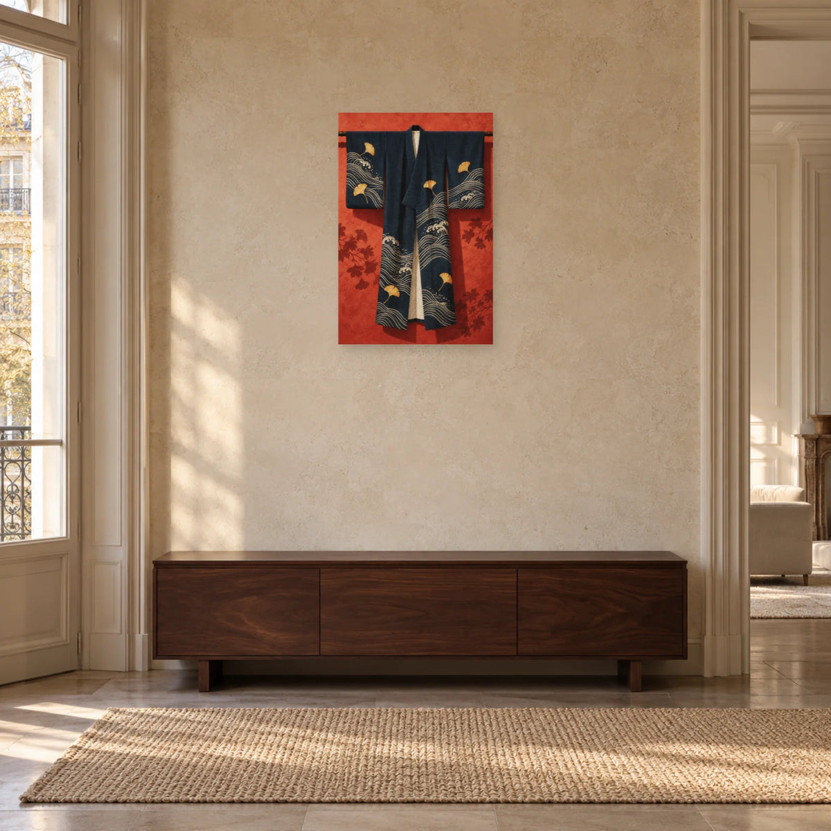 Affiche Kimono - Indigo suspendu dans une entrée ou un couloir - Art Virtuoso