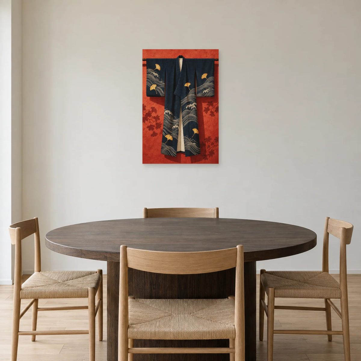 Affiche Kimono - Indigo suspendu dans une salle à manger - Art Virtuoso