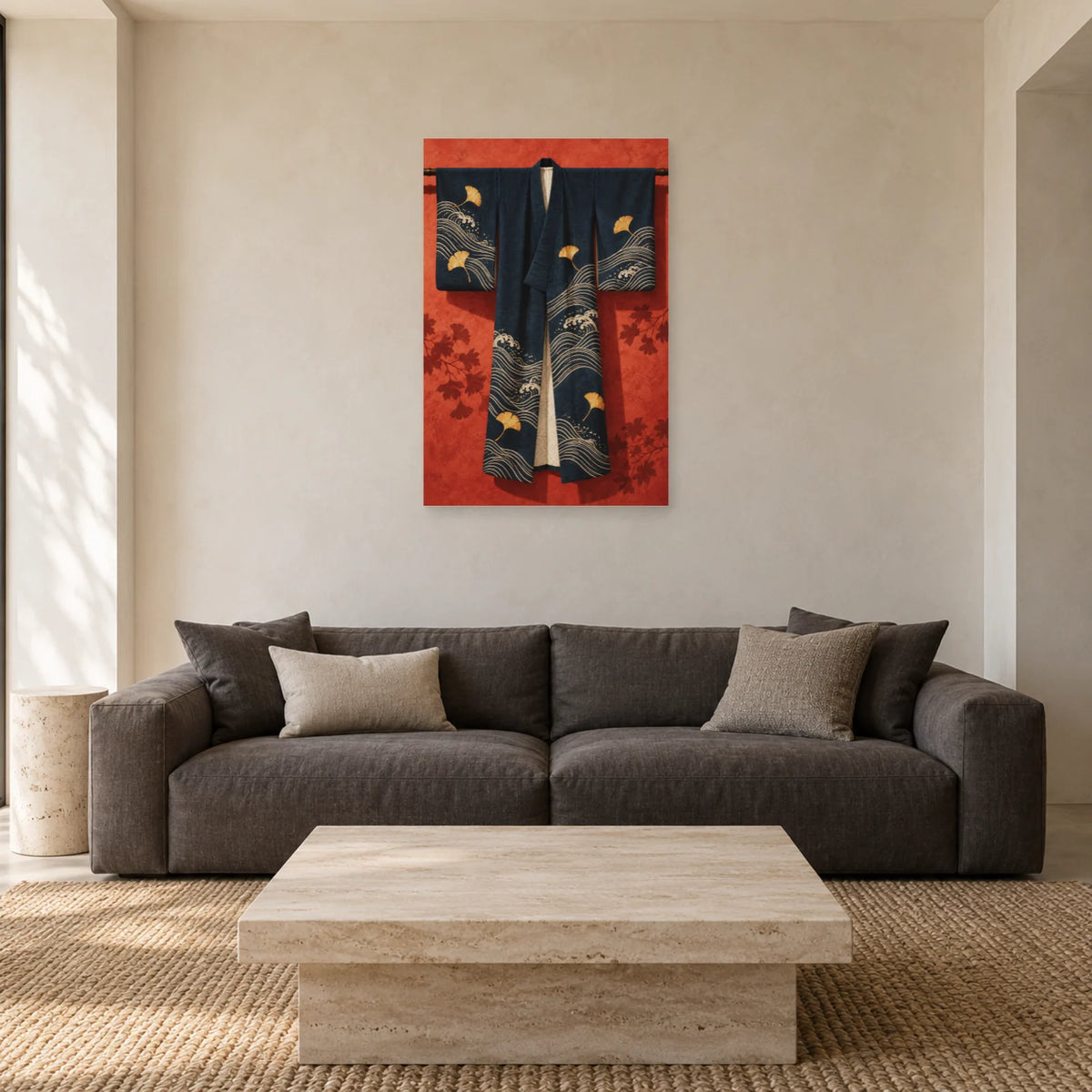 Affiche Kimono - Indigo suspendu dans un salon - Art Virtuoso