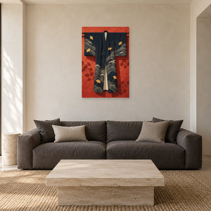 Affiche Kimono - Indigo suspendu dans un salon - Art Virtuoso