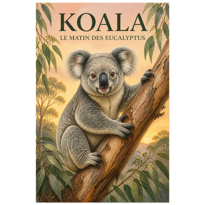 Affiche Koala, le matin des eucalyptus, illustration naturaliste peinte à typographie intégrée verticale, format 30 × 45 cm