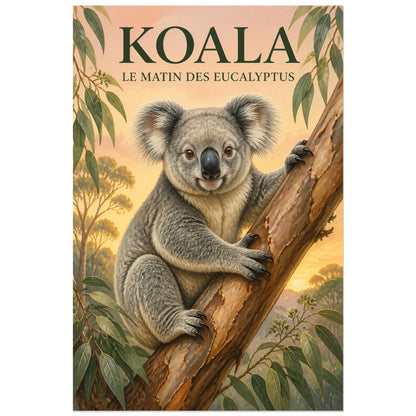 Affiche Koala, le matin des eucalyptus, illustration naturaliste peinte à typographie intégrée verticale, format 40 × 60 cm