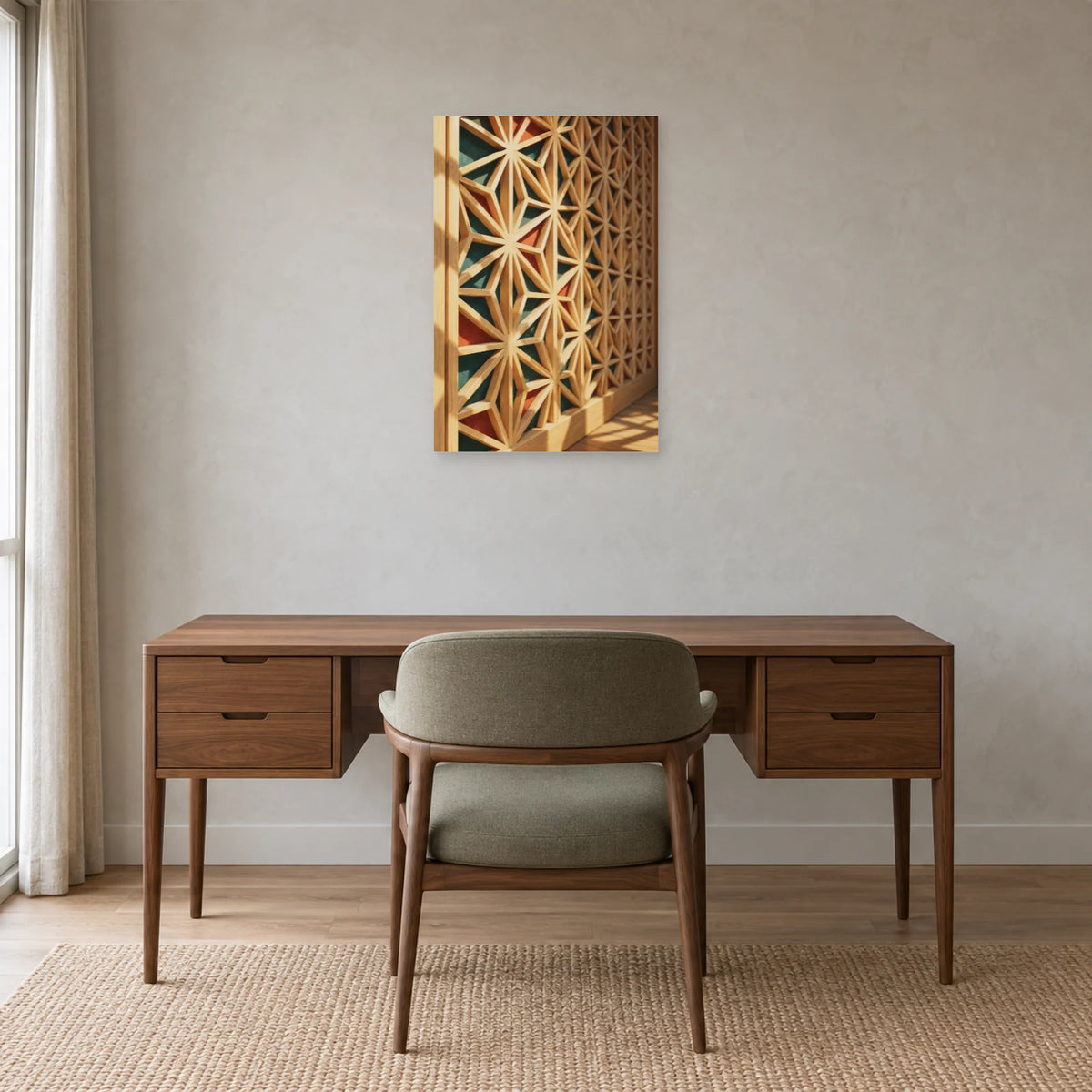 Affiche Kumiko - Bois et lumière dans un bureau - Art Virtuoso