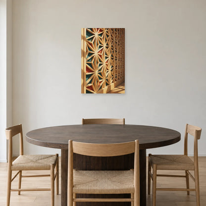 Affiche Kumiko - Bois et lumière dans une salle à manger - Art Virtuoso