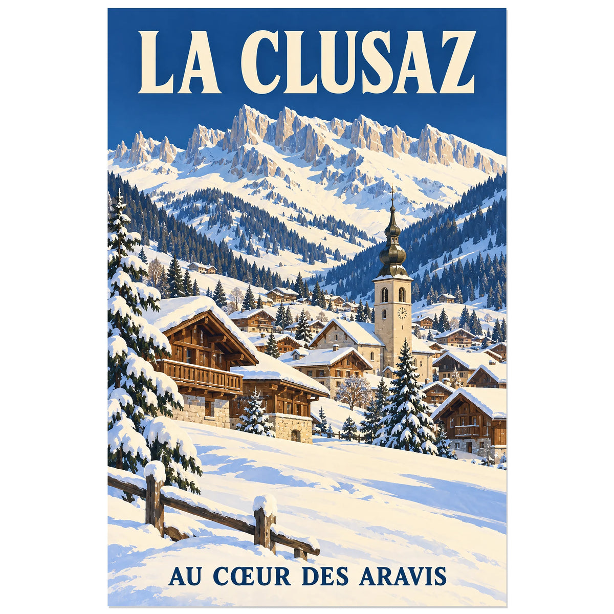 Affiche La Clusaz – Village des Aravis, illustration peinte / affiche touristique néo-vintage verticale, format 60 × 90 cm
