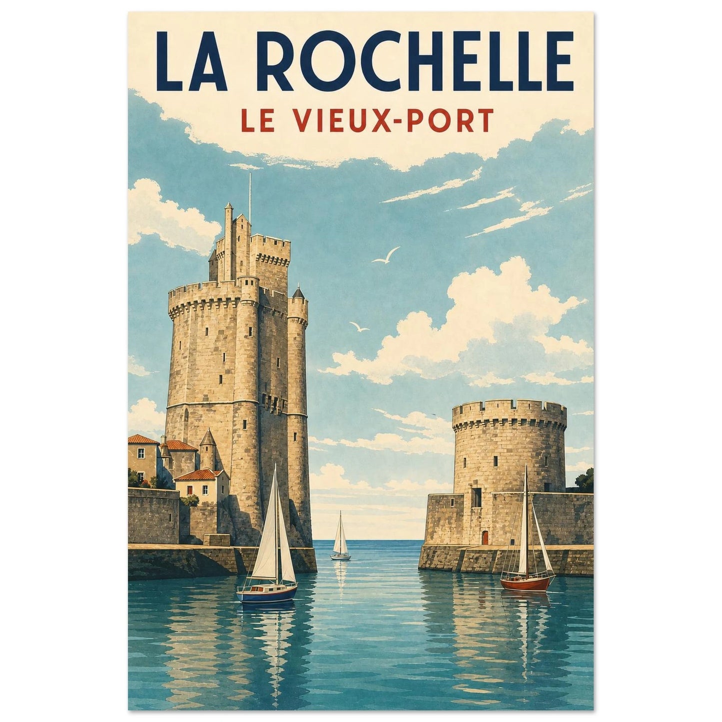 Affiche La Rochelle – Le Vieux-Port, illustration verticale sérigraphie maritime, format 30 × 45 cm