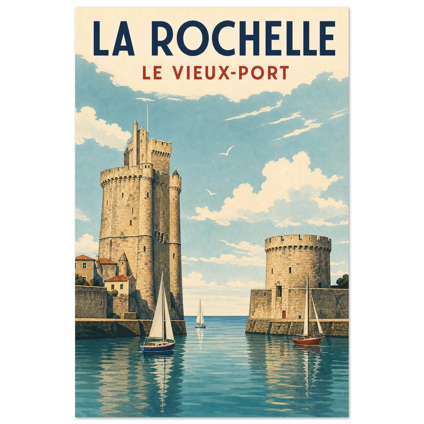 Affiche La Rochelle – Le Vieux-Port, illustration verticale sérigraphie maritime, format 60 × 90 cm