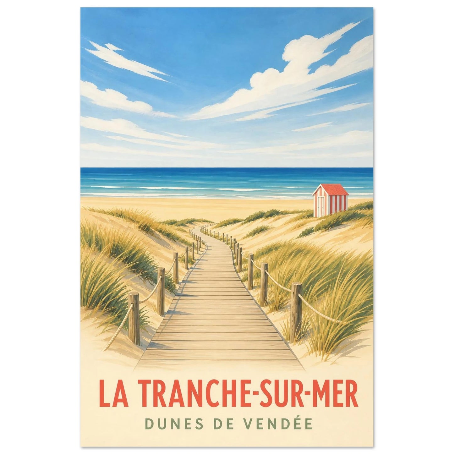 Affiche La Tranche-sur-Mer – Dunes de Vendée, gouache contemporaine verticale, format 60 × 90 cm