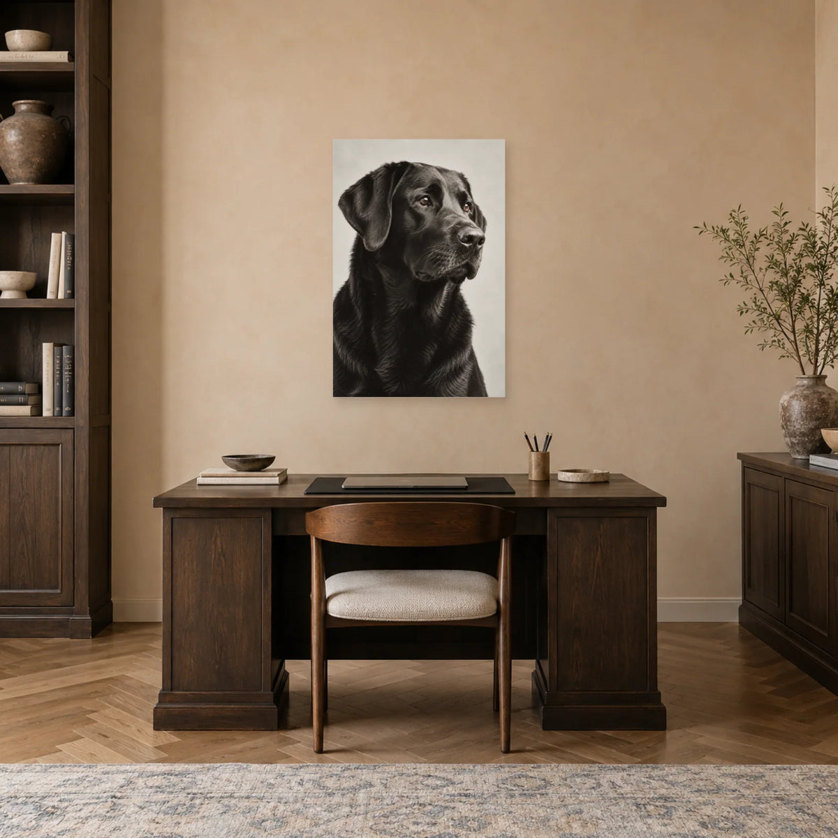 Affiche Labrador noir - Regard fidèle dans un bureau - Art Virtuoso
