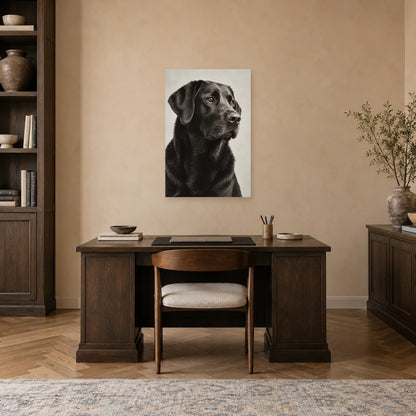 Affiche Labrador noir - Regard fidèle dans un bureau - Art Virtuoso