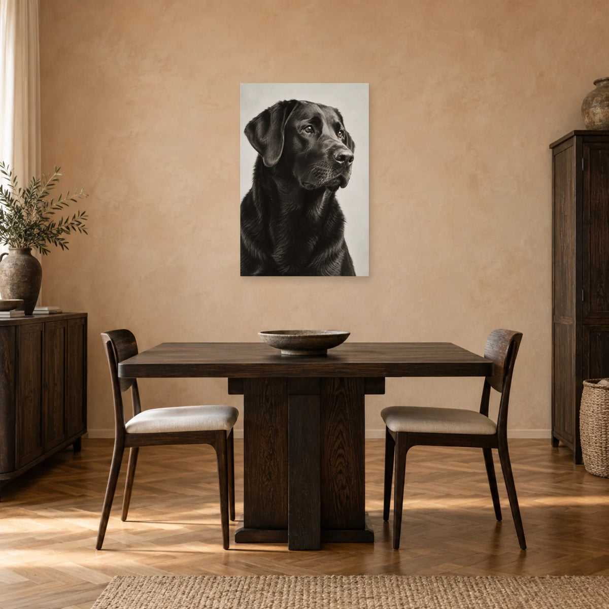 Affiche Labrador noir - Regard fidèle dans une salle à manger - Art Virtuoso