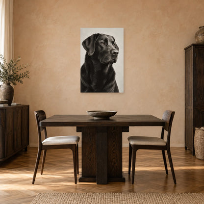Affiche Labrador noir - Regard fidèle dans une salle à manger - Art Virtuoso
