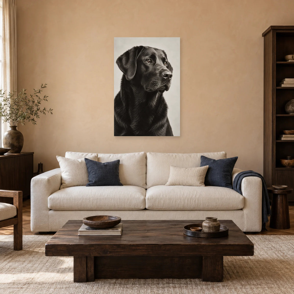 Affiche Labrador noir - Regard fidèle dans un salon - Art Virtuoso