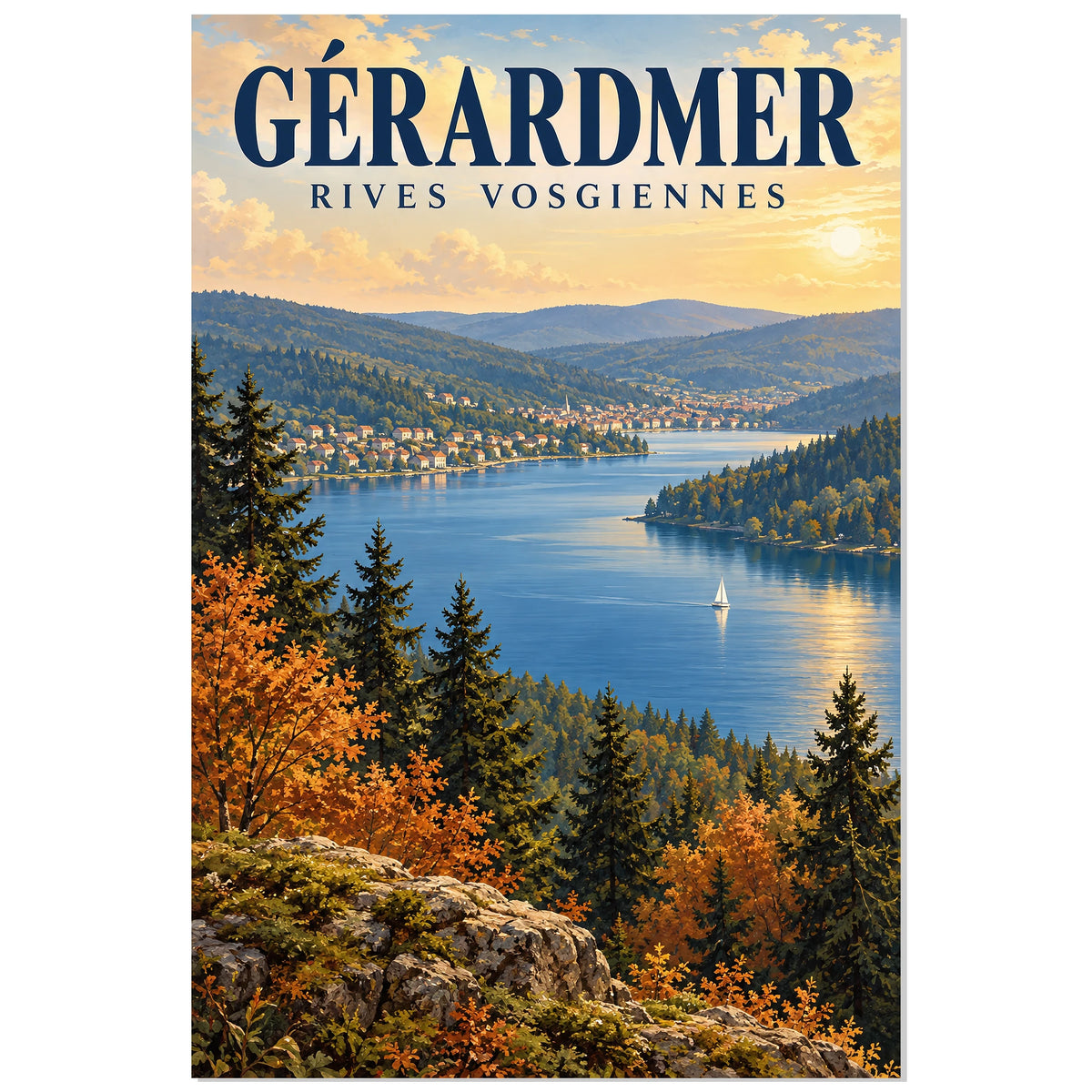 Affiche Lac de Gérardmer – Rives vosgiennes, affiche de paysage illustrée / réalisme pictural / inspiration voyage rétro verticale, format 30 × 45 cm