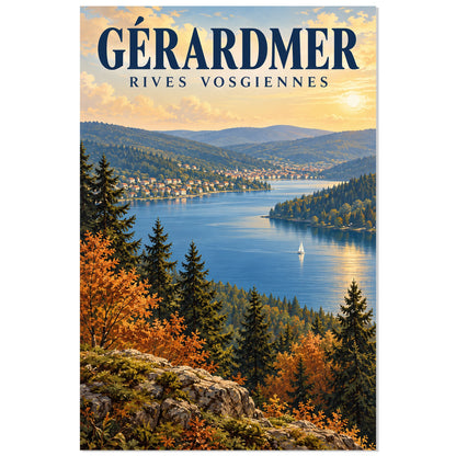 Affiche Lac de Gérardmer – Rives vosgiennes, affiche de paysage illustrée / réalisme pictural / inspiration voyage rétro verticale, format 30 × 45 cm
