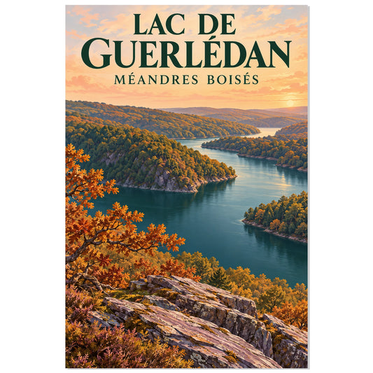 Affiche Lac de Guerlédan – Méandres boisés, affiche de paysage illustrée / réalisme pictural / inspiration voyage rétro verticale, format 30 × 45 cm