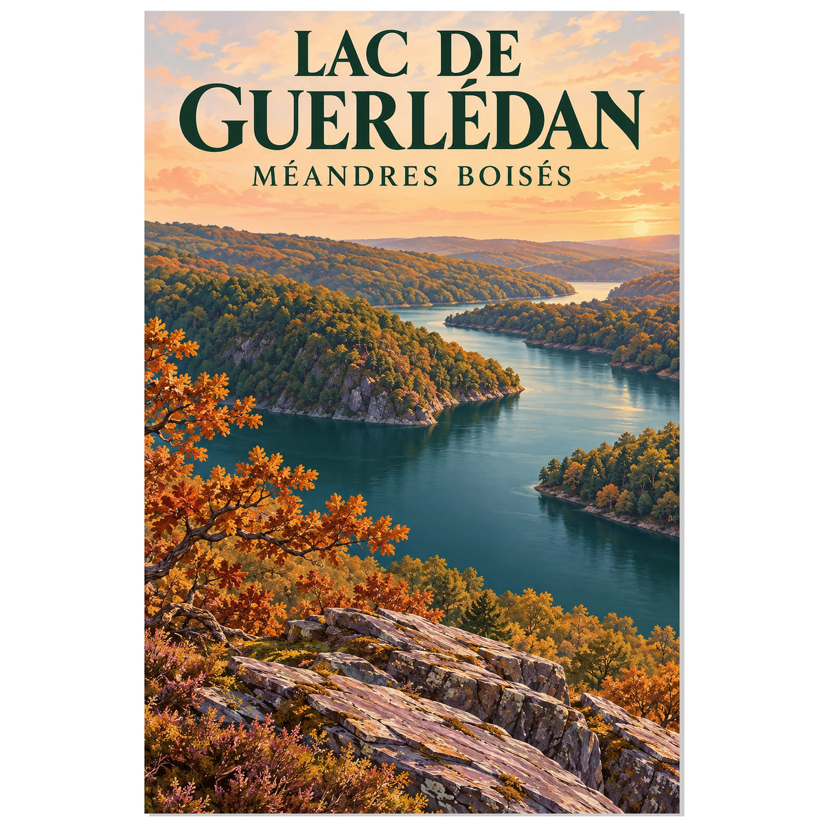 Affiche Lac de Guerlédan – Méandres boisés, affiche de paysage illustrée / réalisme pictural / inspiration voyage rétro verticale, format 60 × 90 cm