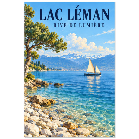 Affiche Lac Léman – Rive de lumière, affiche de paysage illustrée / réalisme pictural / inspiration voyage rétro verticale, format 30 × 45 cm
