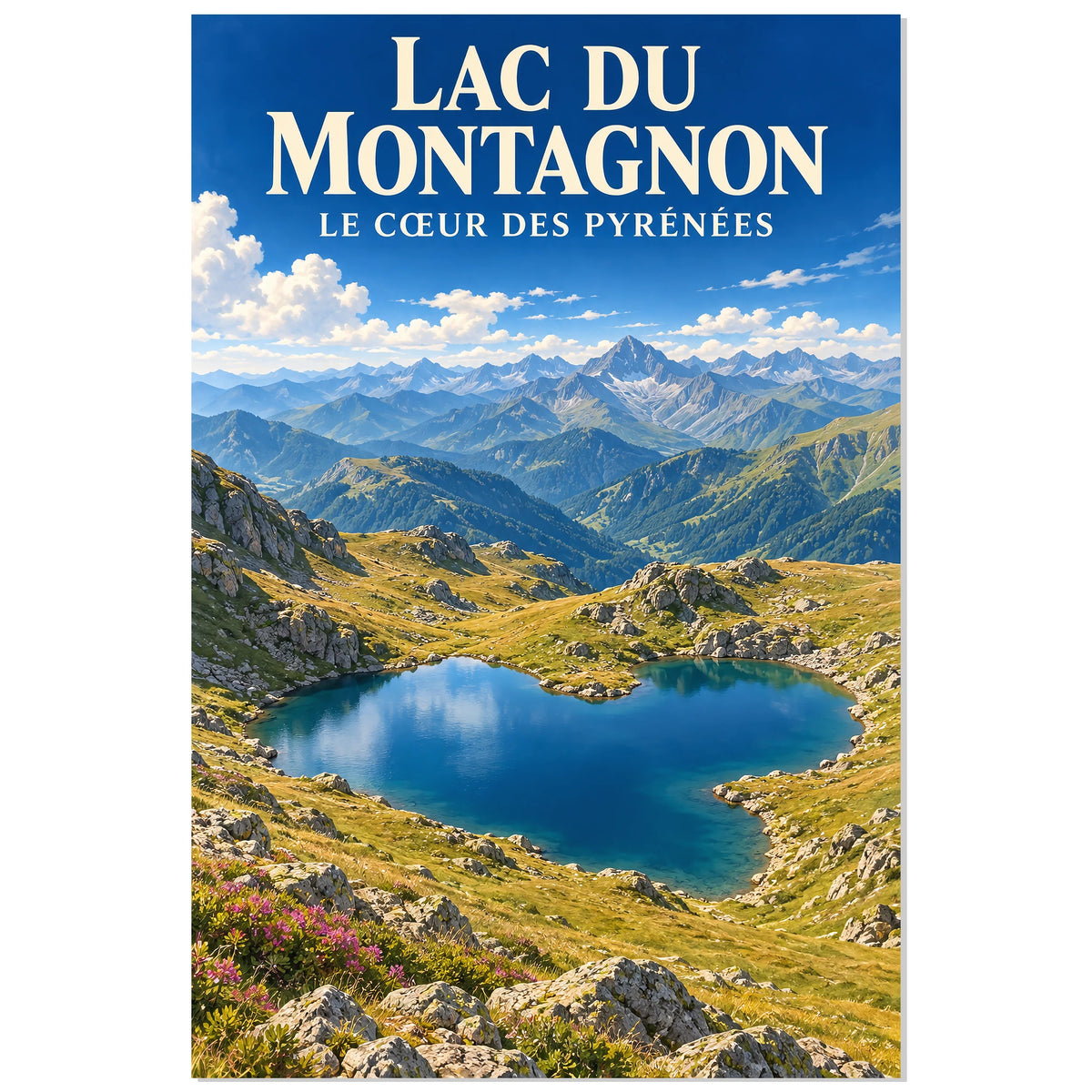 Affiche Lac du Montagnon – Le cœur des Pyrénées, affiche de paysage illustrée / réalisme pictural / inspiration voyage rétro verticale, format 30 × 45 cm