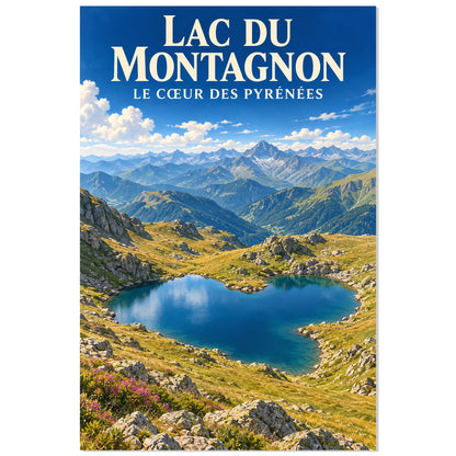 Affiche Lac du Montagnon – Le cœur des Pyrénées, affiche de paysage illustrée / réalisme pictural / inspiration voyage rétro verticale, format 40 × 60 cm