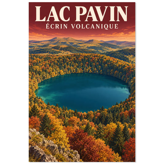 Affiche Lac Pavin – Écrin volcanique, affiche de paysage illustrée / réalisme pictural / inspiration voyage rétro verticale, format 30 × 45 cm