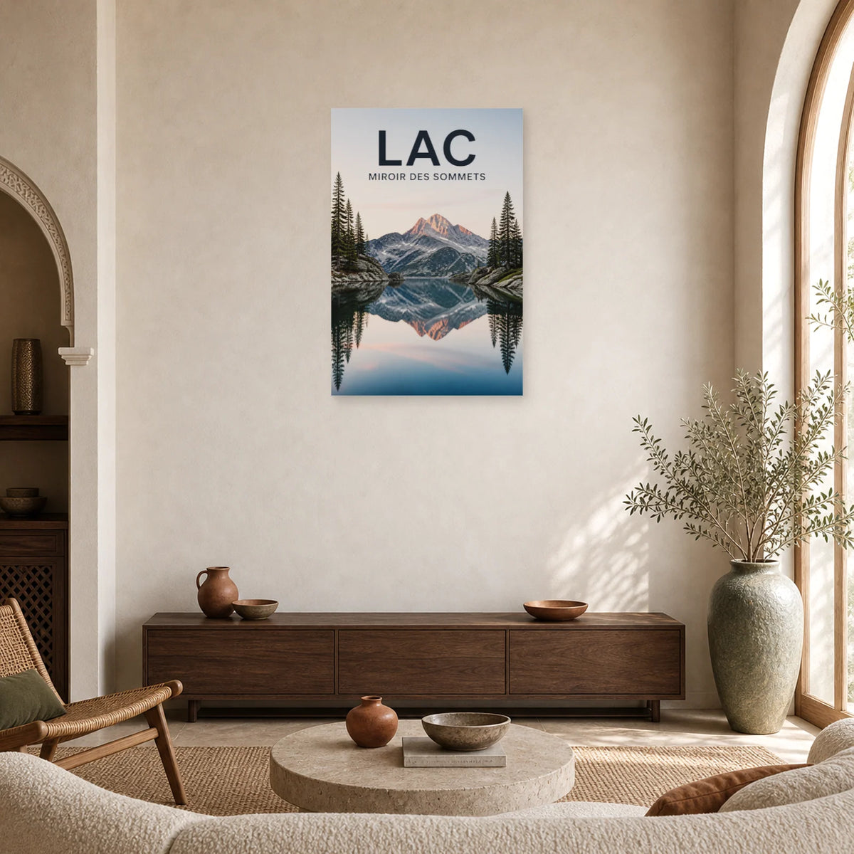 Affiche Lac – Miroir des Sommets dans un salon - Art Virtuoso