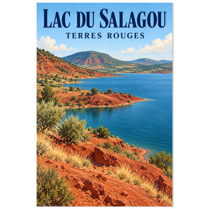Affiche Lac du Salagou – Terres rouges, affiche de paysage illustrée / réalisme pictural / inspiration voyage rétro verticale, format 30 × 45 cm