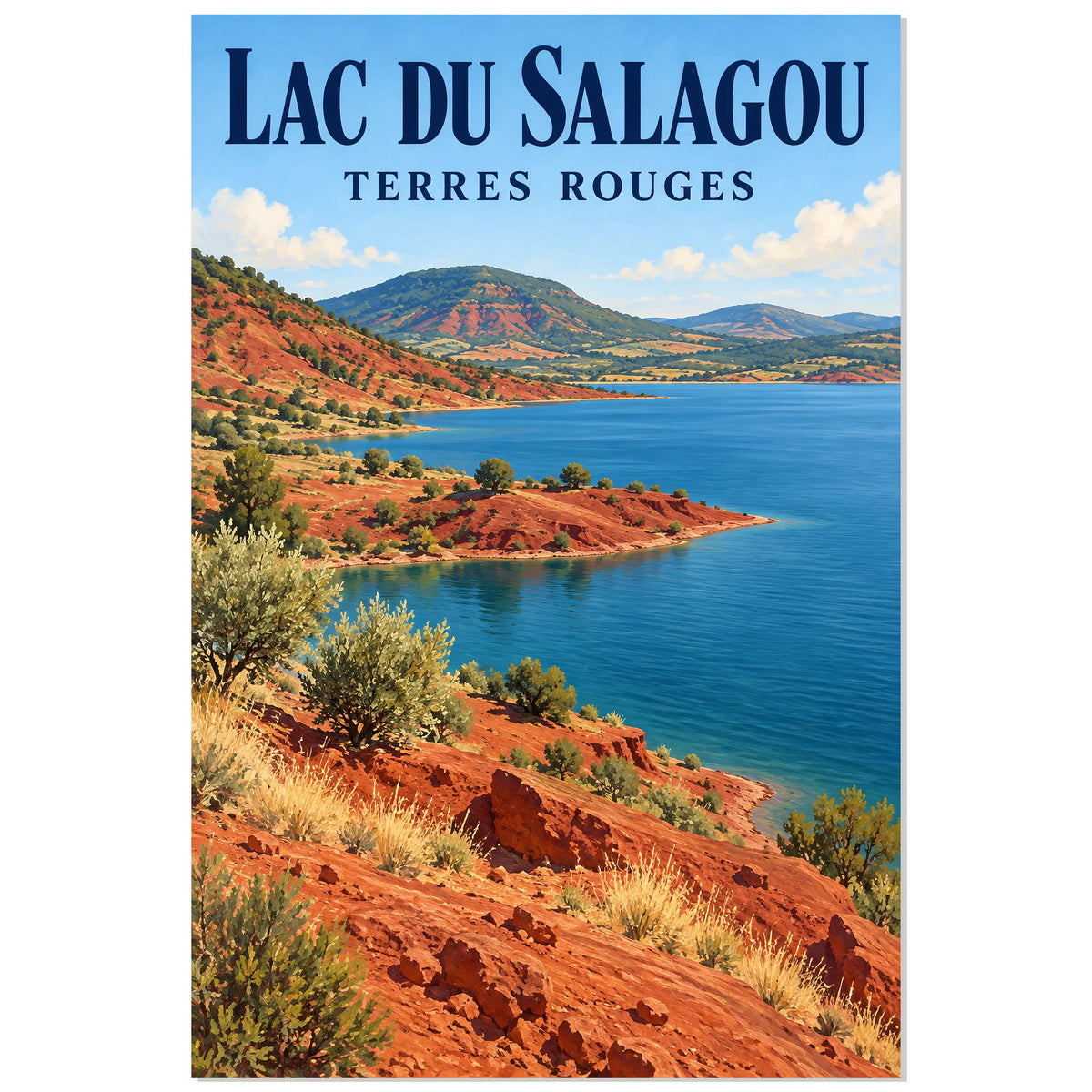 Affiche Lac du Salagou – Terres rouges, affiche de paysage illustrée / réalisme pictural / inspiration voyage rétro verticale, format 60 × 90 cm