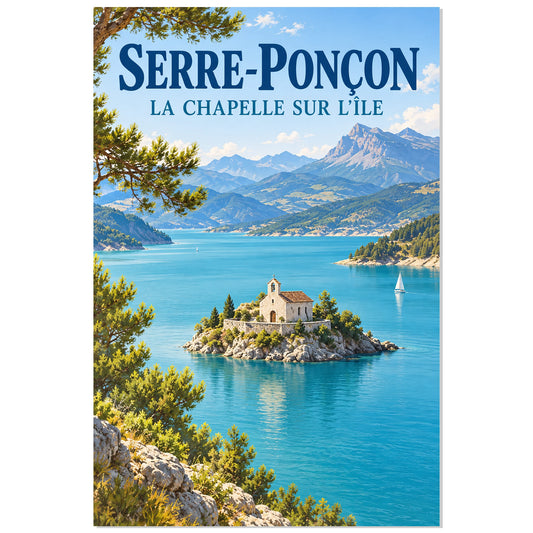 Affiche Serre-Ponçon – La chapelle sur l’île, affiche de paysage illustrée / réalisme pictural / inspiration voyage rétro verticale, format 30 × 45 cm