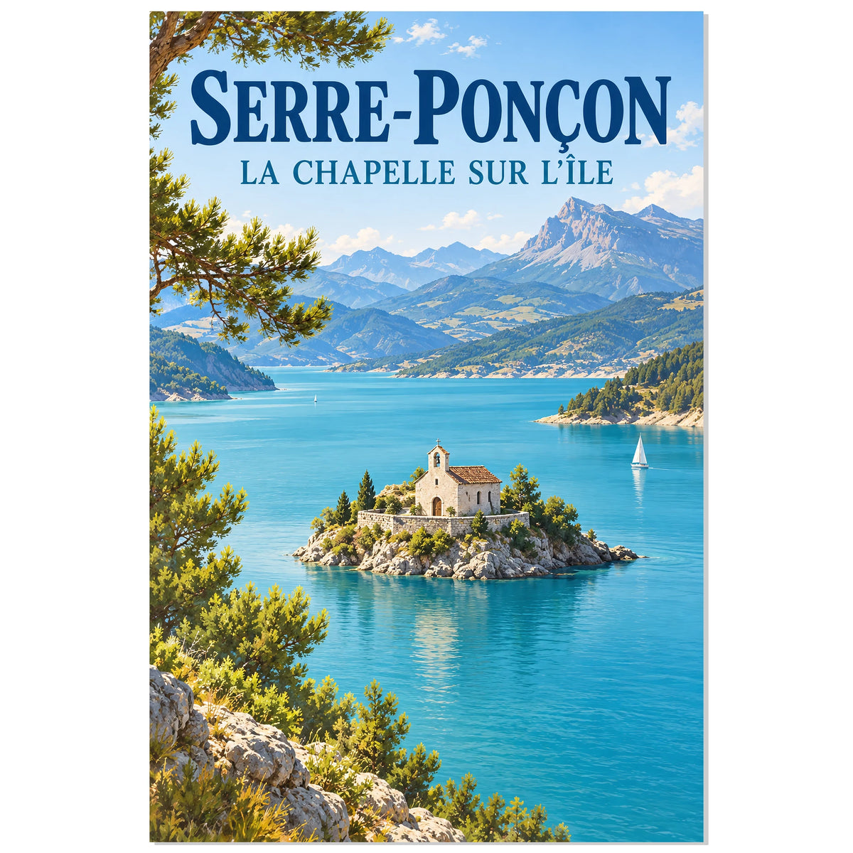 Affiche Serre-Ponçon – La chapelle sur l’île, affiche de paysage illustrée / réalisme pictural / inspiration voyage rétro verticale, format 40 × 60 cm