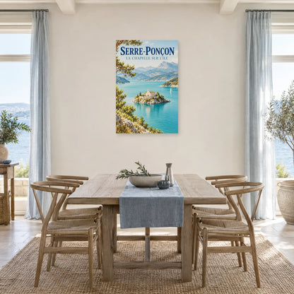 Affiche Serre-Ponçon – La chapelle sur l’île dans une salle à manger - Art Virtuoso