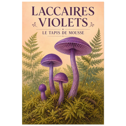 Affiche Laccaires violets – Le tapis de mousse, gouache naturaliste verticale, format 30 × 45 cm