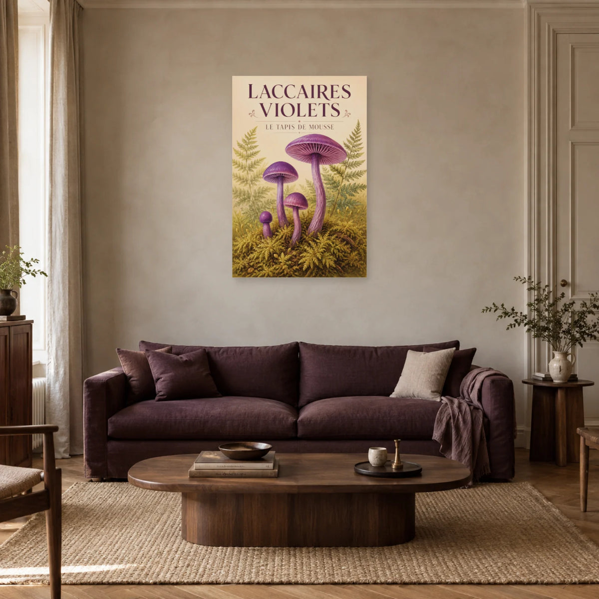 Affiche Laccaires violets – Le tapis de mousse dans un salon - Art Virtuoso