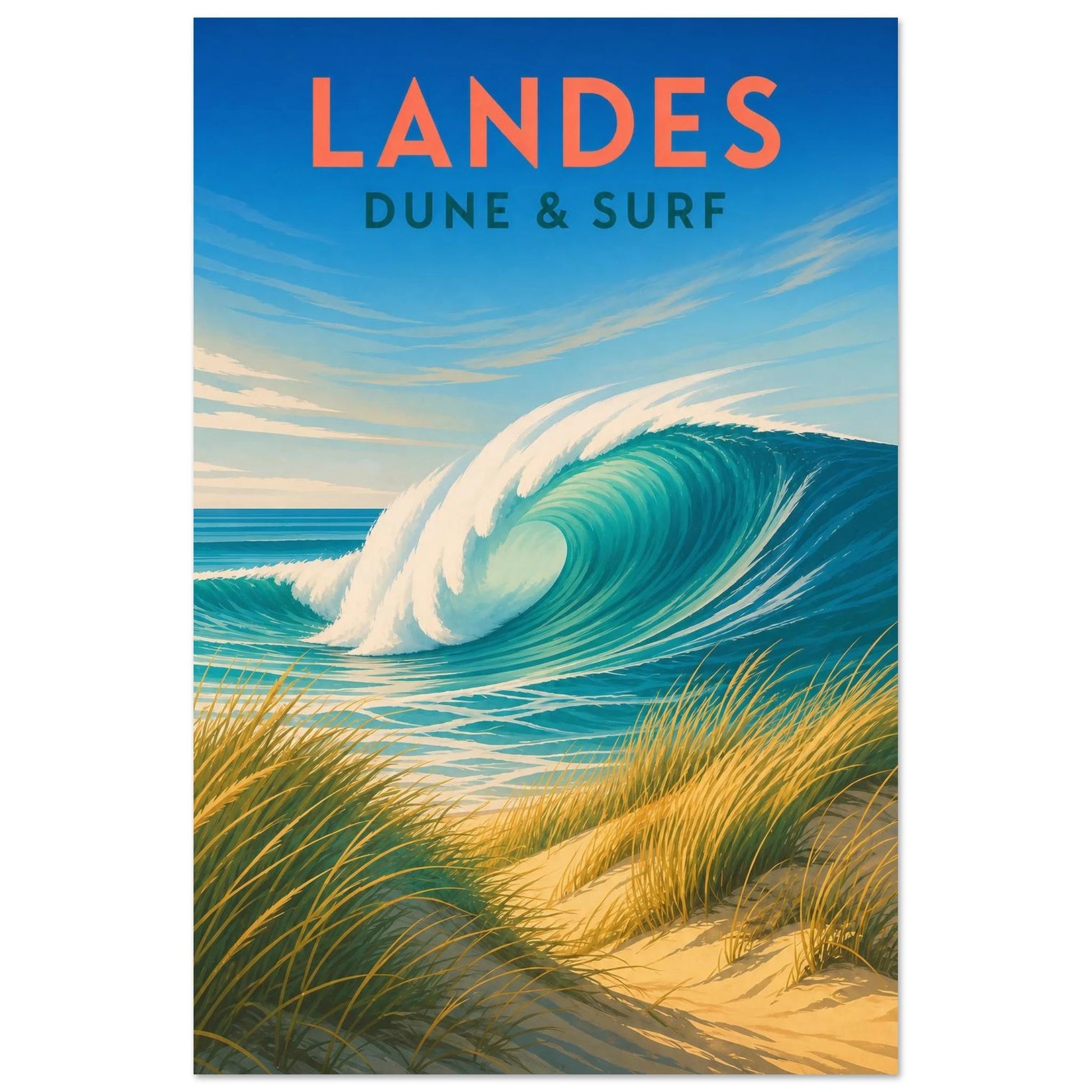 Affiche Landes – Dune & Surf, sérigraphie illustrée verticale, format 30 × 45 cm