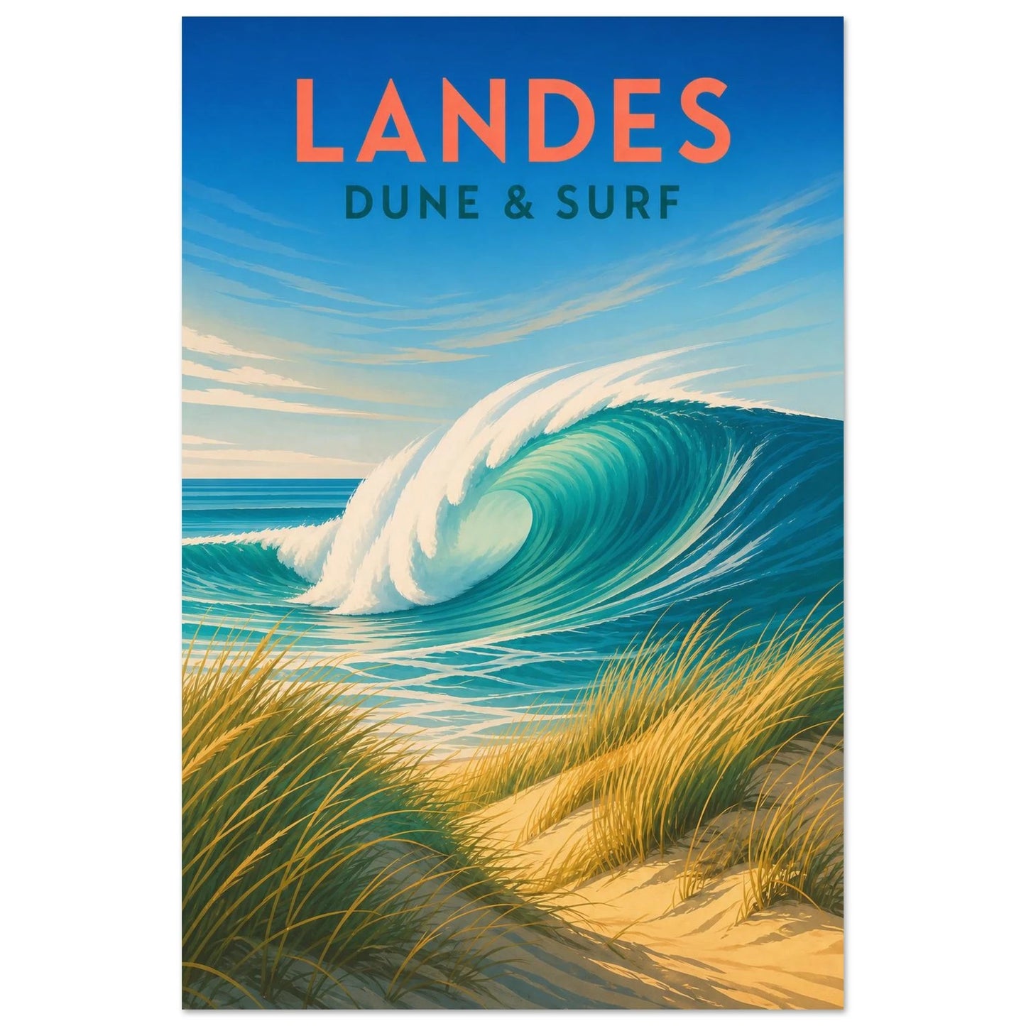 Affiche Landes – Dune & Surf, sérigraphie illustrée verticale, format 60 × 90 cm
