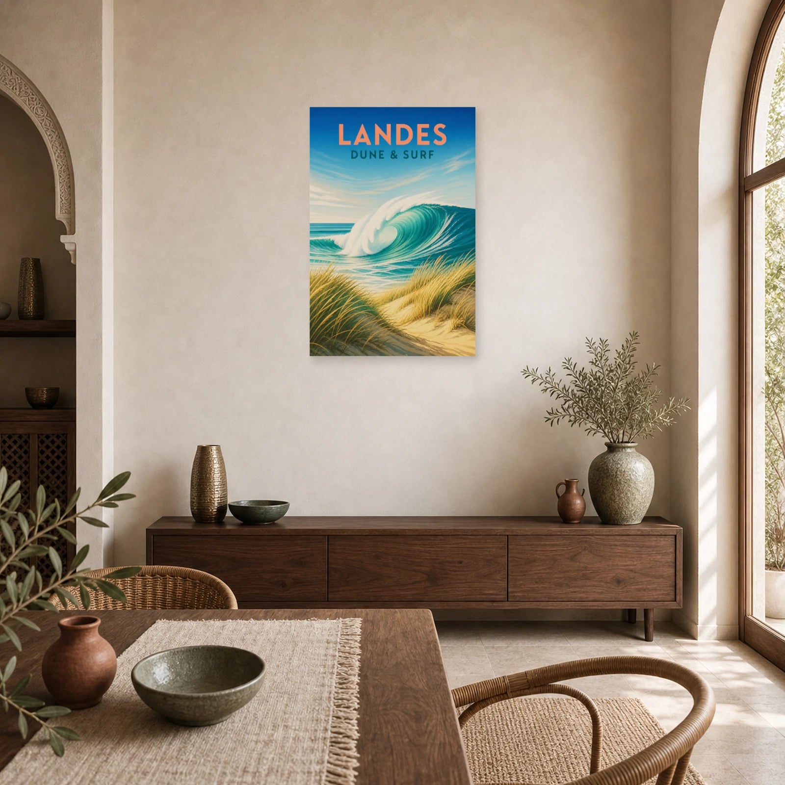 Affiche Landes – Dune & Surf dans une salle à manger - Art Virtuoso
