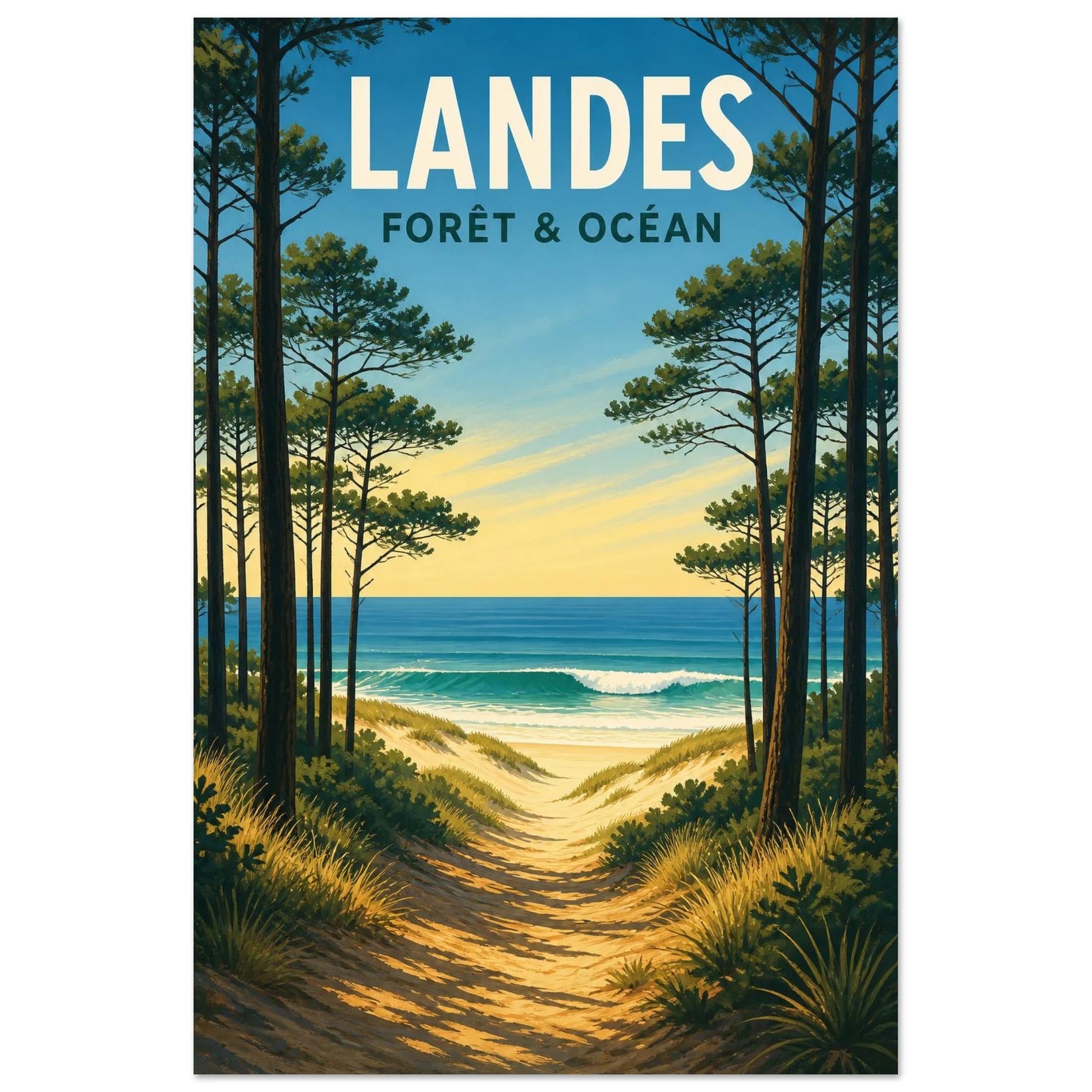 Affiche Landes – Forêt & Océan, illustration graphique verticale, format 30 × 45 cm