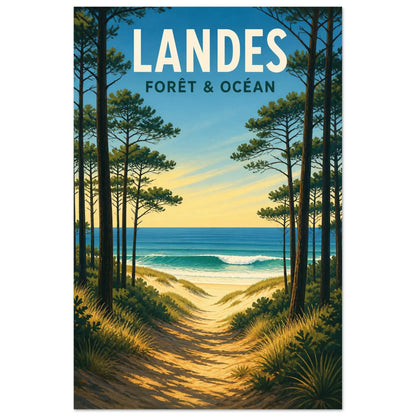 Affiche Landes – Forêt & Océan, illustration graphique verticale, format 30 × 45 cm