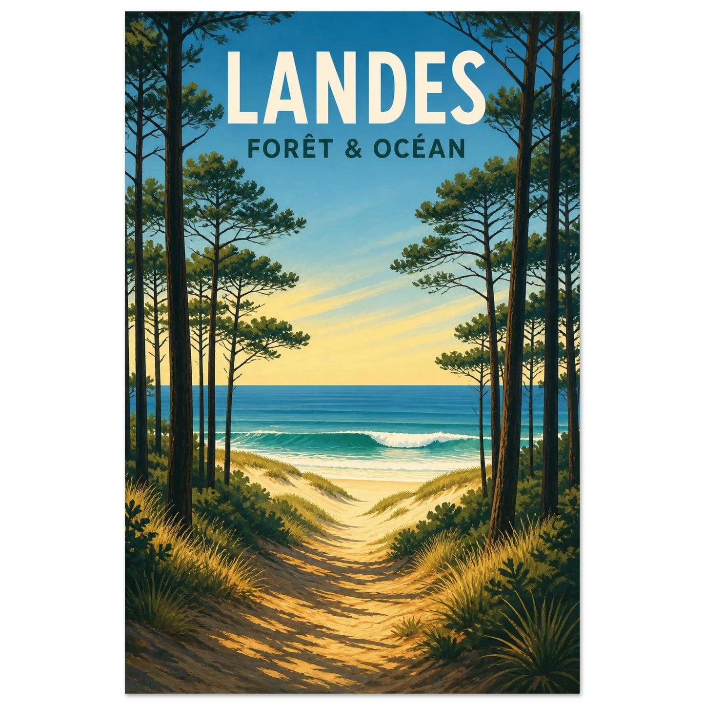 Affiche Landes – Forêt & Océan, illustration graphique verticale, format 40 × 60 cm