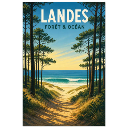 Affiche Landes – Forêt & Océan, illustration graphique verticale, format 40 × 60 cm