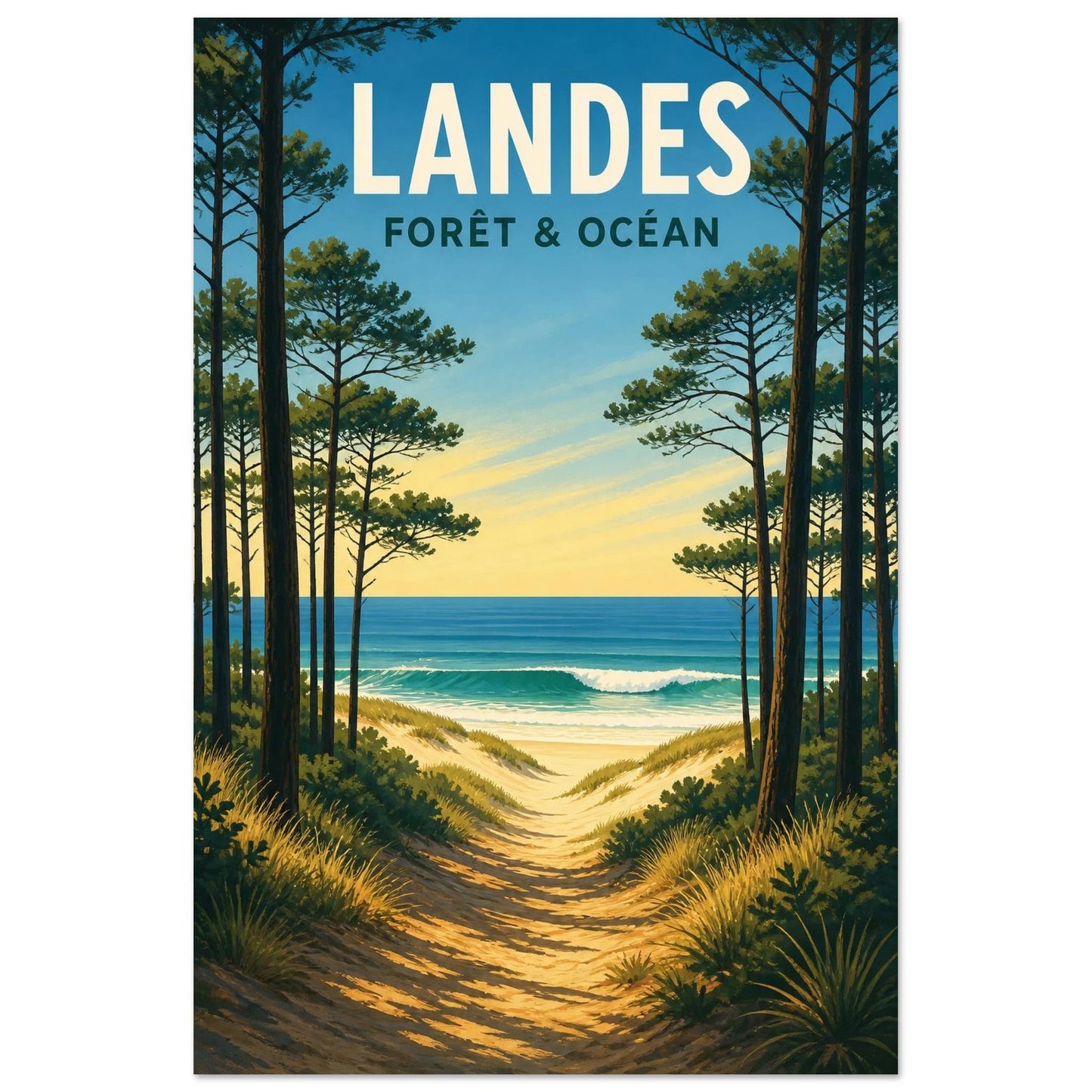 Affiche Landes – Forêt & Océan, illustration graphique verticale, format 60 × 90 cm