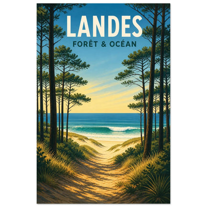 Affiche Landes – Forêt & Océan, illustration graphique verticale, format 60 × 90 cm