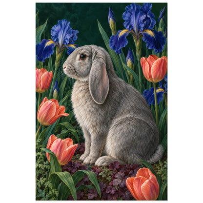 Affiche Lapin bélier – Jardin d’iris, peinture réaliste / illustration botanique verticale, format 30 × 45 cm