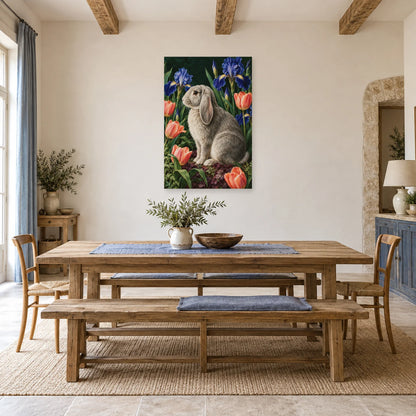 Affiche Lapin bélier - Jardin d'iris dans une salle à manger - Art Virtuoso